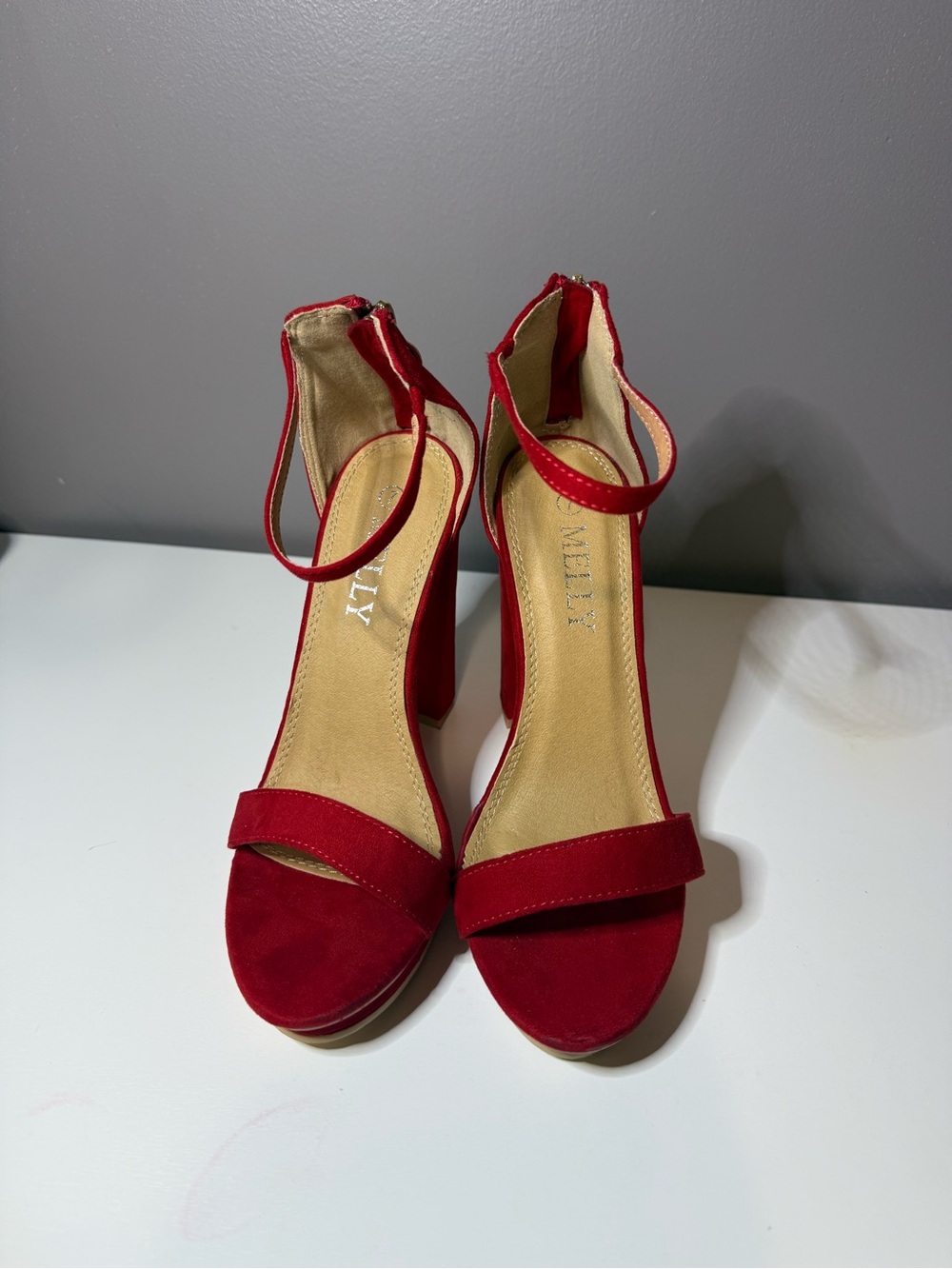 Melly M Red Suede Open-Toe Ankle-Strap Block Heels
